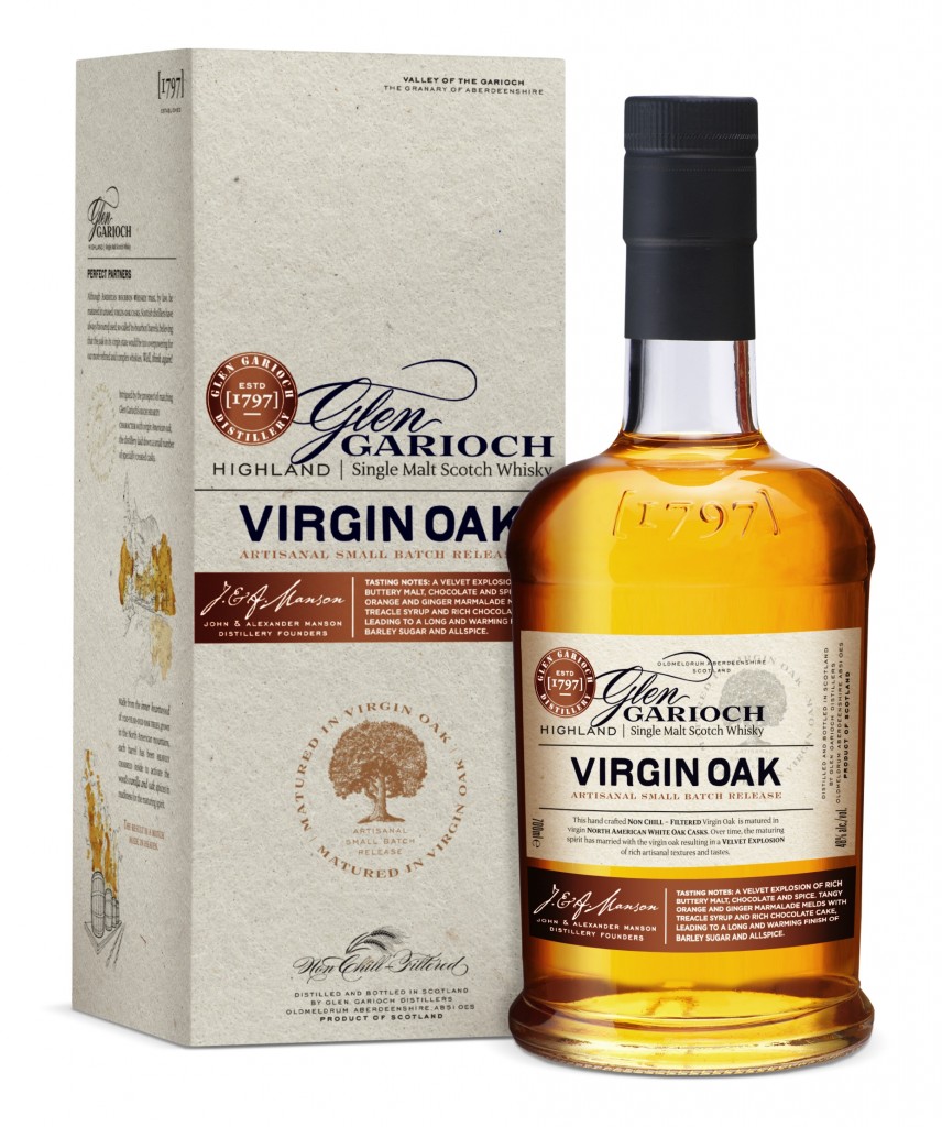 Glen Garioch Virgin Oak bottle in front of and to the right side of the box for the whisky
