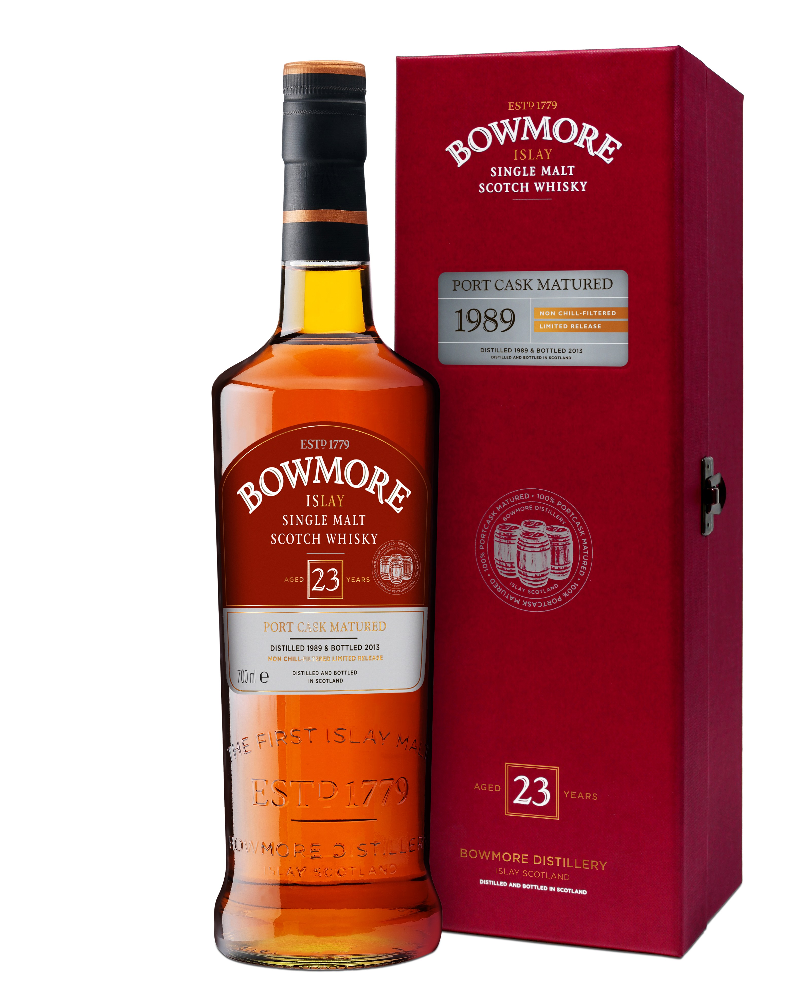 Bowmore Port Matured 23 year old bottle and red box